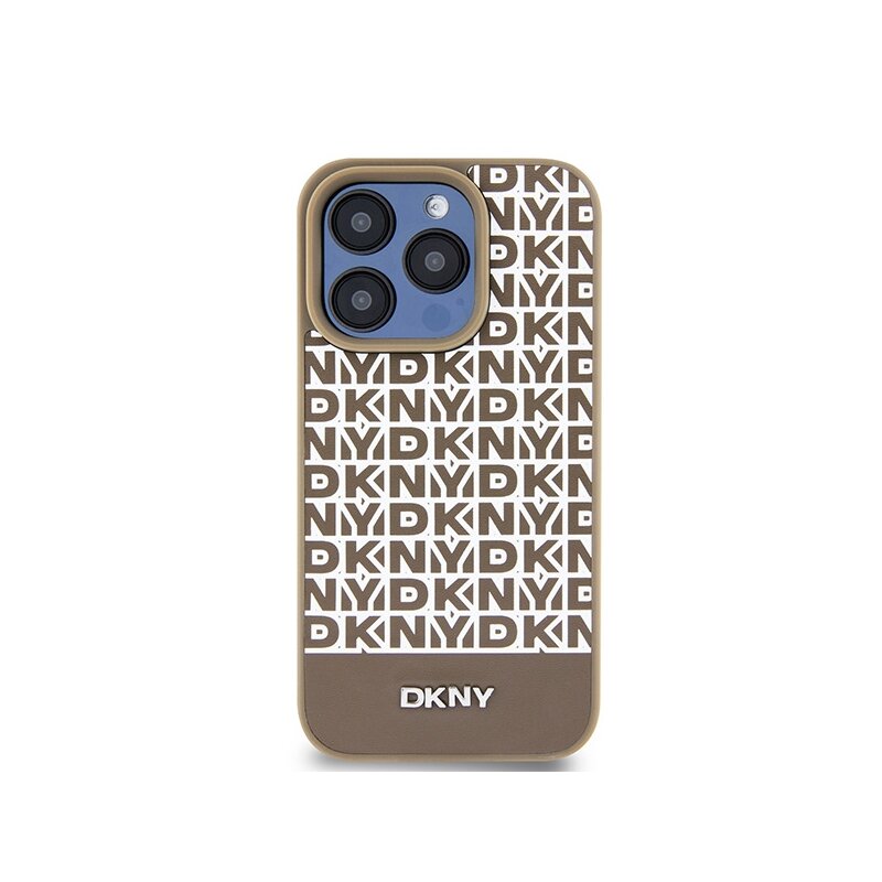 Husa piele iPhone 15 Pro Max DKNY Leather Printed Pattern Metal Logo MagSafe, maro, DKHMP15XPSOSPW