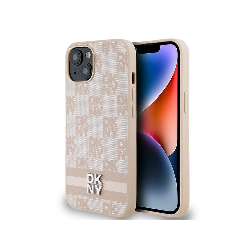 Husa piele iPhone 14 DKNY Leather Checkered Mono Pattern & Printed Stripes, roz, DKHCP14SPCPTSSP