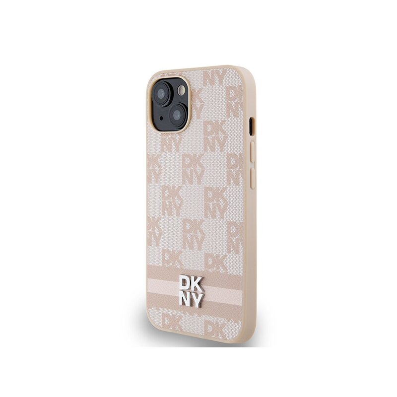 Husa piele iPhone 14 DKNY Leather Checkered Mono Pattern & Printed Stripes, roz, DKHCP14SPCPTSSP