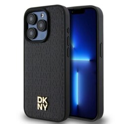 Husa piele iPhone 15 Pro DKNY Leather Pattern Monogram Metal Logo MagSafe, negru, DKHMP15LPSHRPSK