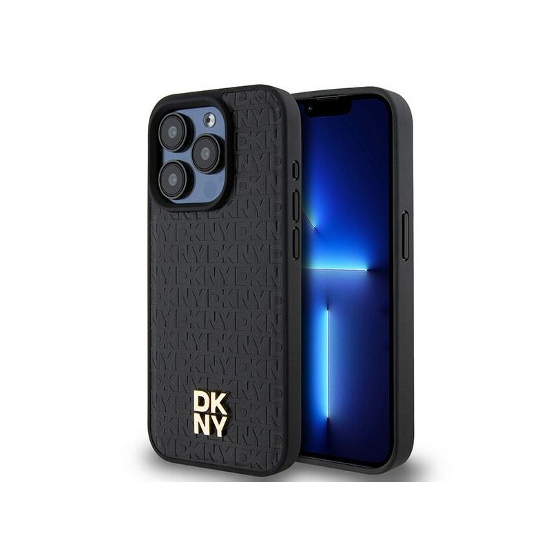 Husa piele iPhone 15 Pro DKNY Leather Pattern Monogram Metal Logo MagSafe, negru, DKHMP15LPSHRPSK