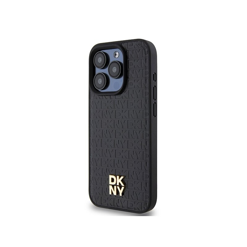 Husa piele iPhone 15 Pro DKNY Leather Pattern Monogram Metal Logo MagSafe, negru, DKHMP15LPSHRPSK