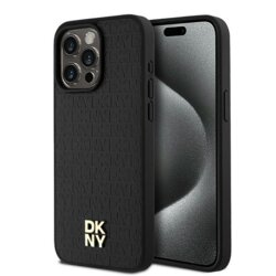 Husa piele iPhone 15 Pro Max DKNY Leather Monogram Pattern Metal Logo MagSafe, negru, DKHMP15XPSHRPSK