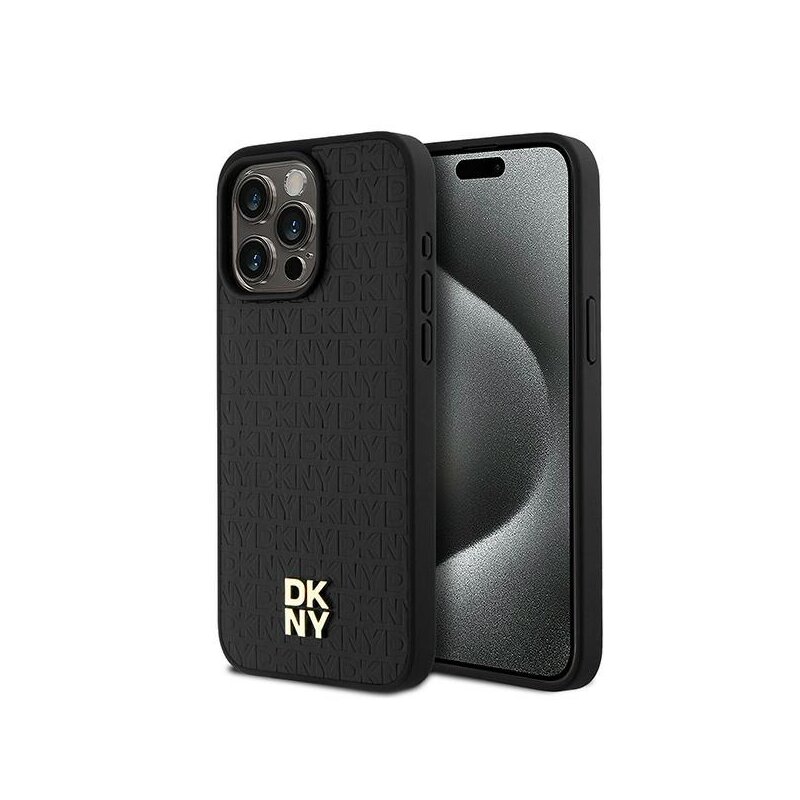 Husa piele iPhone 15 Pro Max DKNY Leather Monogram Pattern Metal Logo MagSafe, negru, DKHMP15XPSHRPSK
