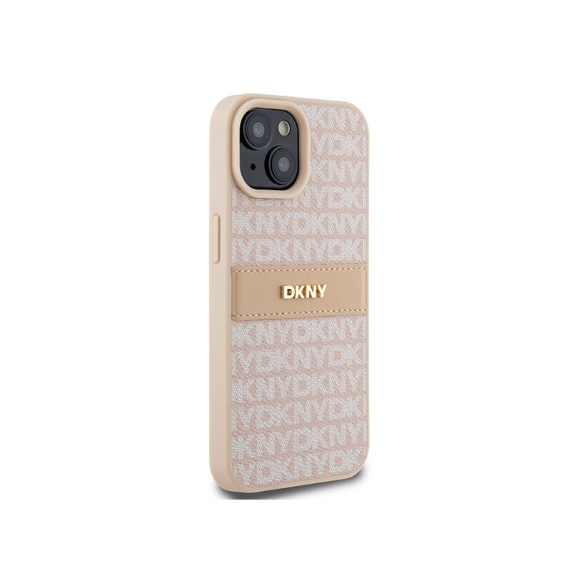 Husa piele iPhone 15 DKNY Leather Mono Stripe & Metal Logo, roz, DKHCP15SPRTHSLP