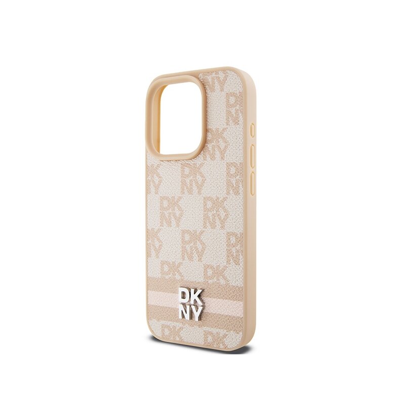 Husa piele iPhone 15 Pro DKNY Leather Checkered Mono Pattern & Printed Stripes, roz, DKHCP15LPCPTSSP