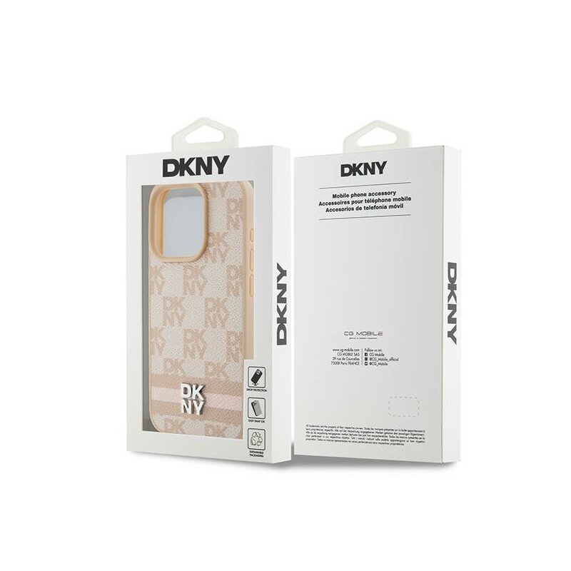 Husa piele iPhone 15 Pro DKNY Leather Checkered Mono Pattern & Printed Stripes, roz, DKHCP15LPCPTSSP