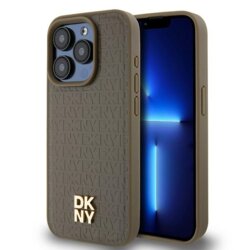 Husa piele iPhone 15 Pro DKNY Leather Monogram Pattern Metal Logo MagSafe, maro, DKHMP15LPSHRPSW