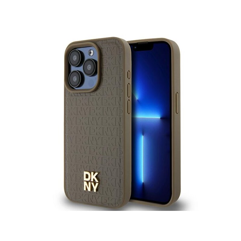 Husa piele iPhone 15 Pro DKNY Leather Monogram Pattern Metal Logo MagSafe, maro, DKHMP15LPSHRPSW