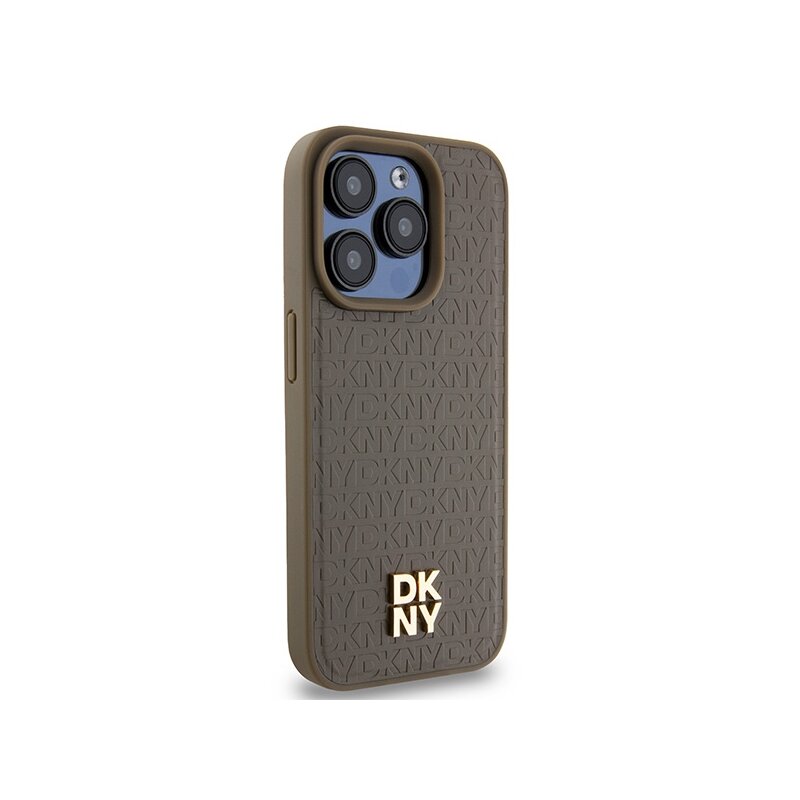 Husa piele iPhone 15 Pro DKNY Leather Monogram Pattern Metal Logo MagSafe, maro, DKHMP15LPSHRPSW