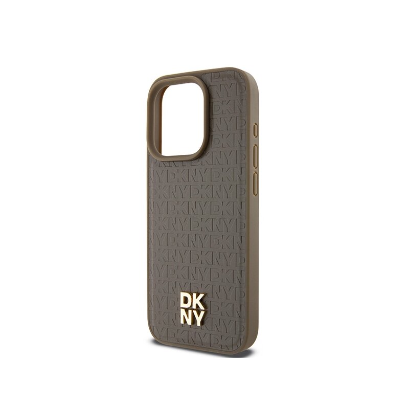 Husa piele iPhone 15 Pro DKNY Leather Monogram Pattern Metal Logo MagSafe, maro, DKHMP15LPSHRPSW