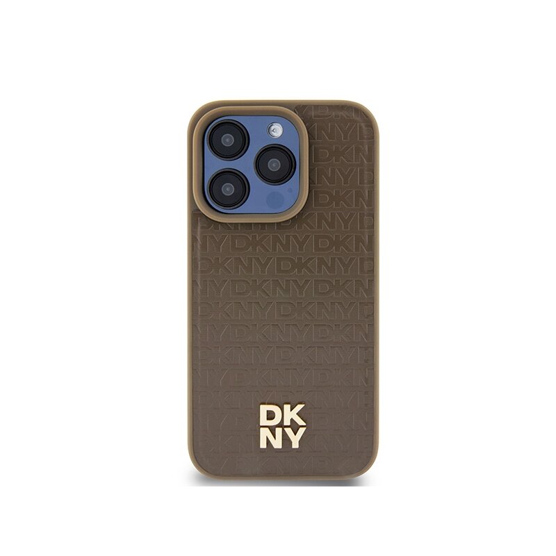 Husa piele iPhone 15 Pro DKNY Leather Monogram Pattern Metal Logo MagSafe, maro, DKHMP15LPSHRPSW