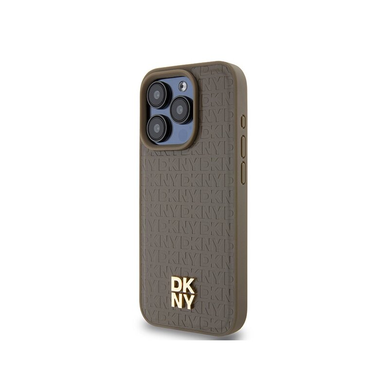 Husa piele iPhone 15 Pro DKNY Leather Monogram Pattern Metal Logo MagSafe, maro, DKHMP15LPSHRPSW