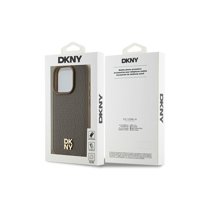 Husa piele iPhone 15 Pro DKNY Leather Monogram Pattern Metal Logo MagSafe, maro, DKHMP15LPSHRPSW