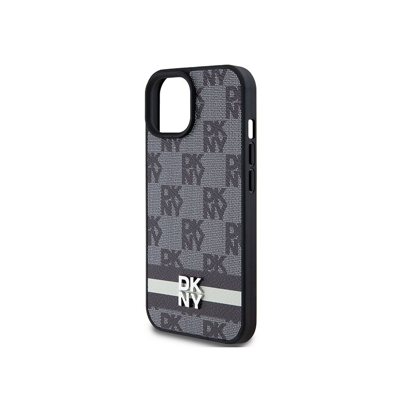 Husa piele iPhone 15 DKNY Leather Checkered Mono Pattern & Printed Stripes, negru, DKHCP15SPCPTSSK