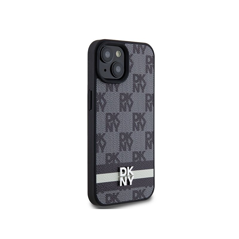 Husa piele iPhone 15 DKNY Leather Checkered Mono Pattern & Printed Stripes, negru, DKHCP15SPCPTSSK