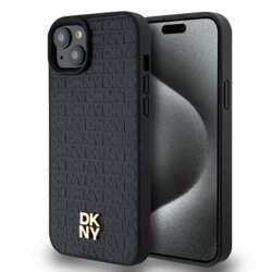 Husa piele iPhone 15 Plus DKNY Leather Monogram Pattern Metal Logo MagSafe, negru, DKHMP15MPSHRPSK