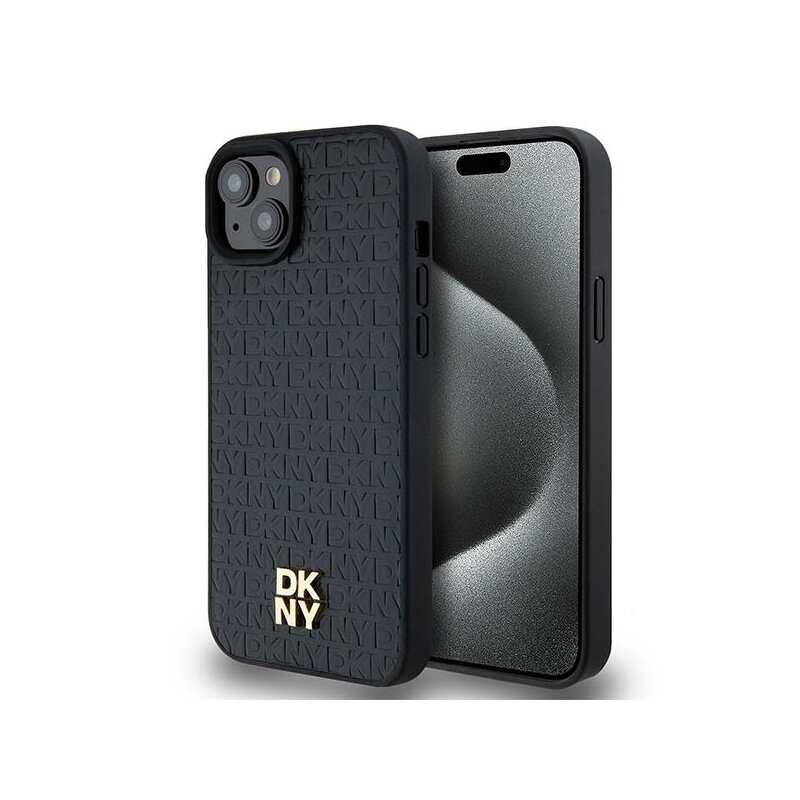 Husa piele iPhone 15 Plus DKNY Leather Monogram Pattern Metal Logo MagSafe, negru, DKHMP15MPSHRPSK