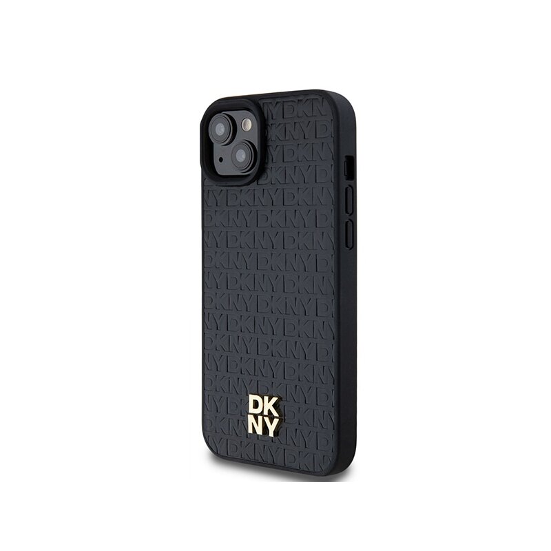 Husa piele iPhone 15 Plus DKNY Leather Monogram Pattern Metal Logo MagSafe, negru, DKHMP15MPSHRPSK