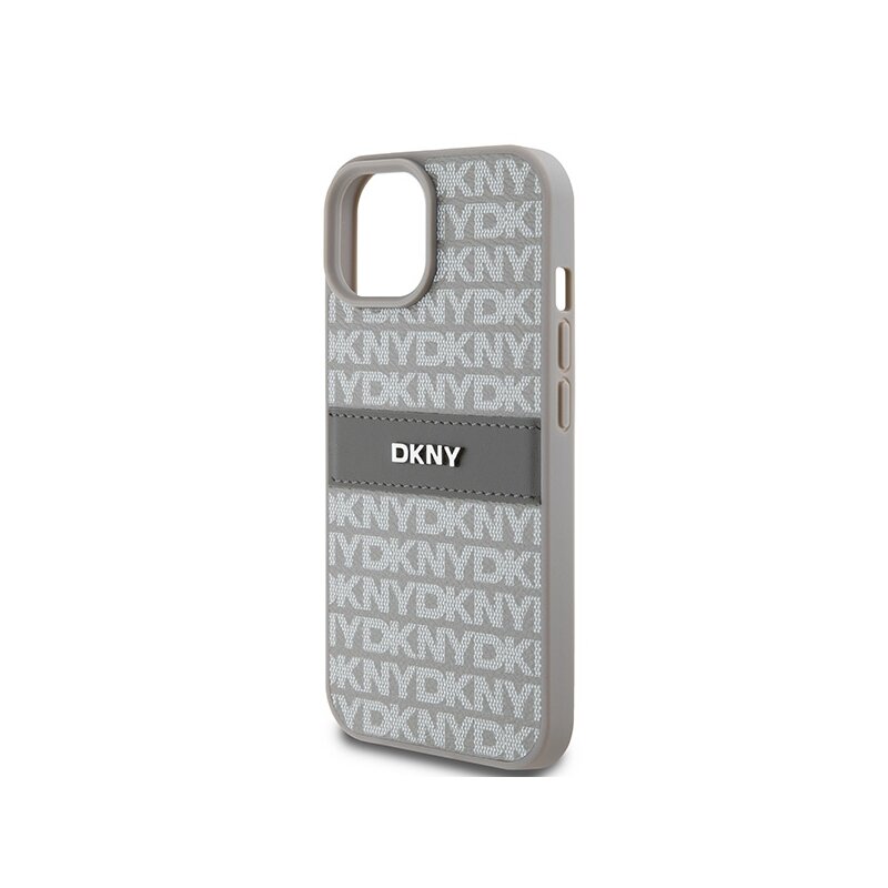 Husa piele iPhone 15 DKNY Leather Mono Stripe & Metal Logo, bej, DKHCP15SPRTHSLE