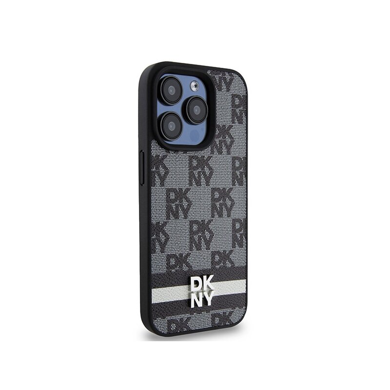Husa piele iPhone 15 Pro DKNY Leather Checkered Mono Pattern & Printed Stripes, negru, DKHCP15LPCPTSSK