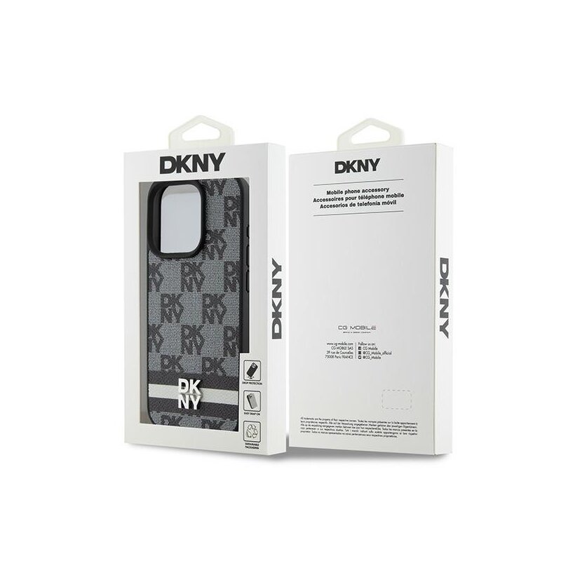 Husa piele iPhone 15 Pro DKNY Leather Checkered Mono Pattern & Printed Stripes, negru, DKHCP15LPCPTSSK