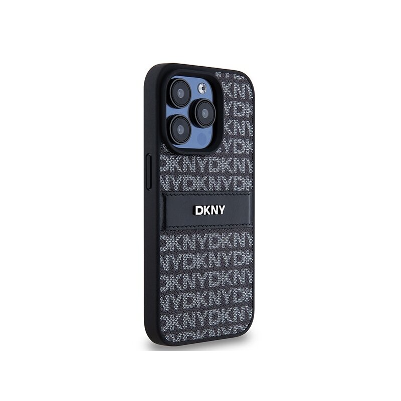 Husa piele iPhone 15 Pro DKNY Leather Mono Stripe & Metal Logo, negru, DKHCP15LPRTHSLK