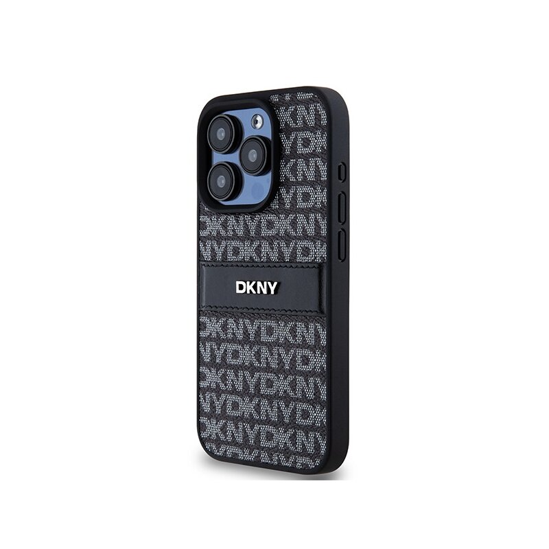 Husa piele iPhone 15 Pro DKNY Leather Mono Stripe & Metal Logo, negru, DKHCP15LPRTHSLK