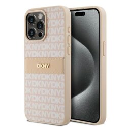 Husa piele iPhone 15 Pro Max DKNY Leather Mono Stripe & Metal Logo, roz, DKHCP15XPRTHSLP
