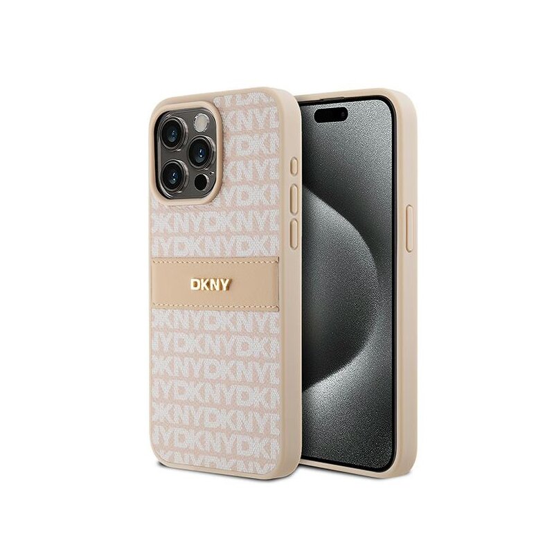 Husa piele iPhone 15 Pro Max DKNY Leather Mono Stripe & Metal Logo, roz, DKHCP15XPRTHSLP