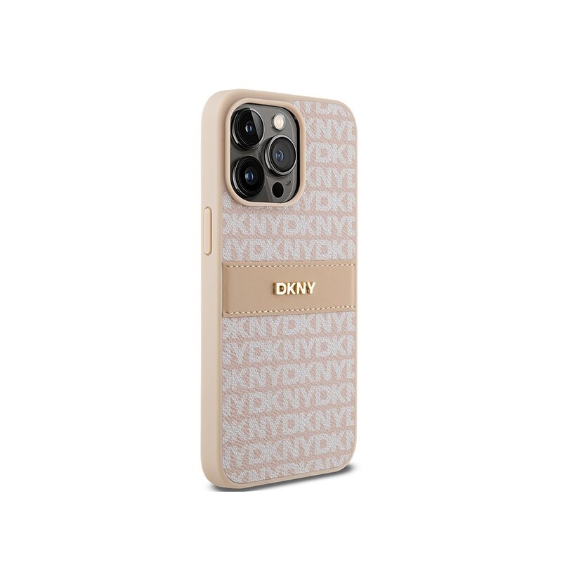 Husa piele iPhone 15 Pro Max DKNY Leather Mono Stripe & Metal Logo, roz, DKHCP15XPRTHSLP
