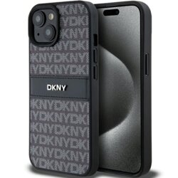 Husa piele iPhone 15 DKNY Leather Mono Stripe & Metal Logo, negru, DKHCP15SPRTHSLK