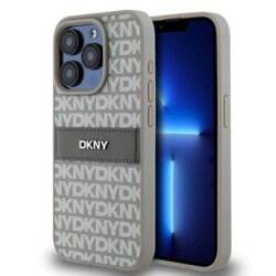 Husa piele iPhone 15 Pro DKNY Leather Mono Stripe & Metal Logo, bej, DKHCP15LPRTHSLE
