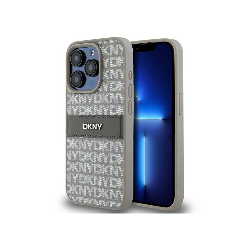Husa piele iPhone 15 Pro DKNY Leather Mono Stripe & Metal Logo, bej, DKHCP15LPRTHSLE