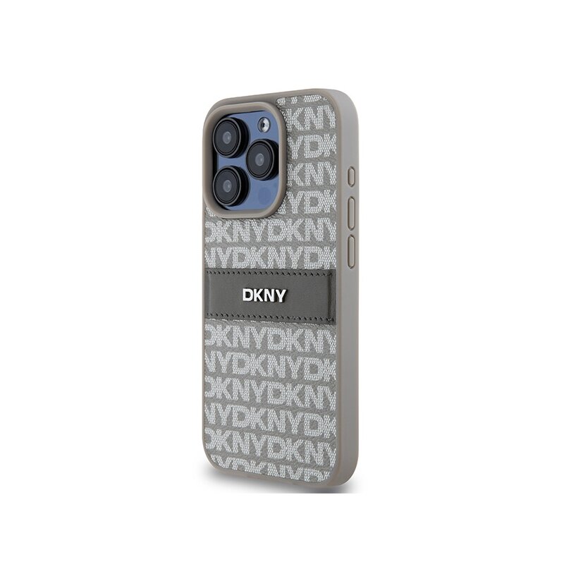 Husa piele iPhone 15 Pro DKNY Leather Mono Stripe & Metal Logo, bej, DKHCP15LPRTHSLE