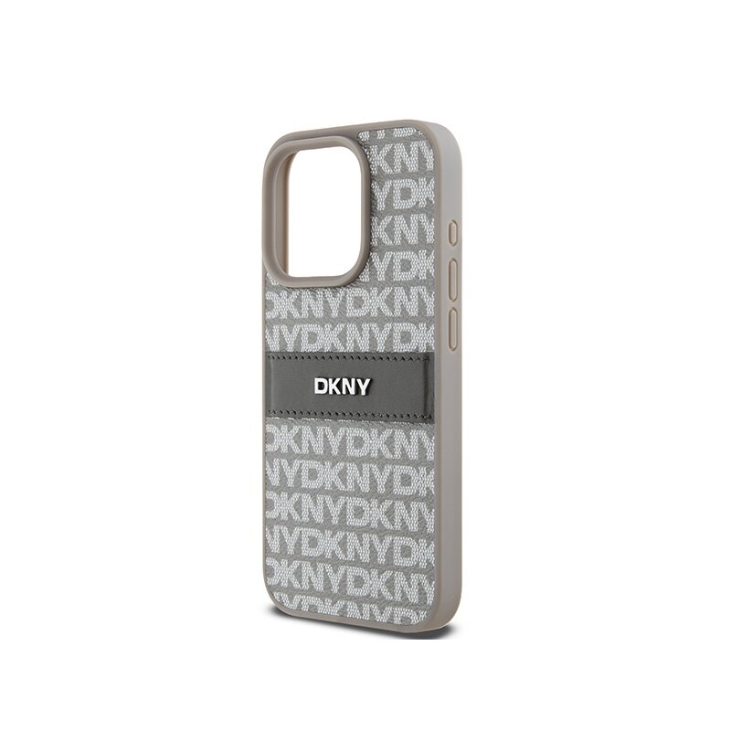 Husa piele iPhone 15 Pro DKNY Leather Mono Stripe & Metal Logo, bej, DKHCP15LPRTHSLE