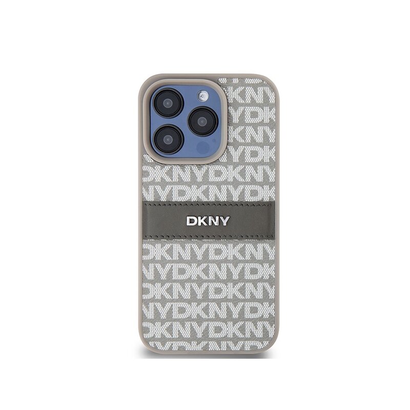 Husa piele iPhone 15 Pro DKNY Leather Mono Stripe & Metal Logo, bej, DKHCP15LPRTHSLE