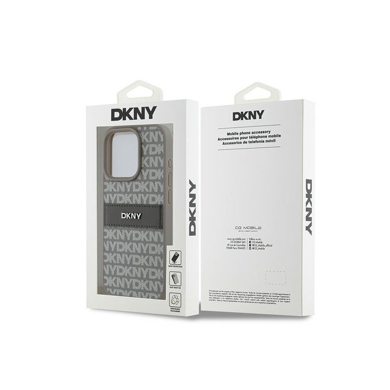 Husa piele iPhone 15 Pro DKNY Leather Mono Stripe & Metal Logo, bej, DKHCP15LPRTHSLE