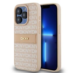 Husa piele iPhone 15 Pro DKNY Leather Mono Stripe & Metal Logo, roz, DKHCP15LPRTHSLP