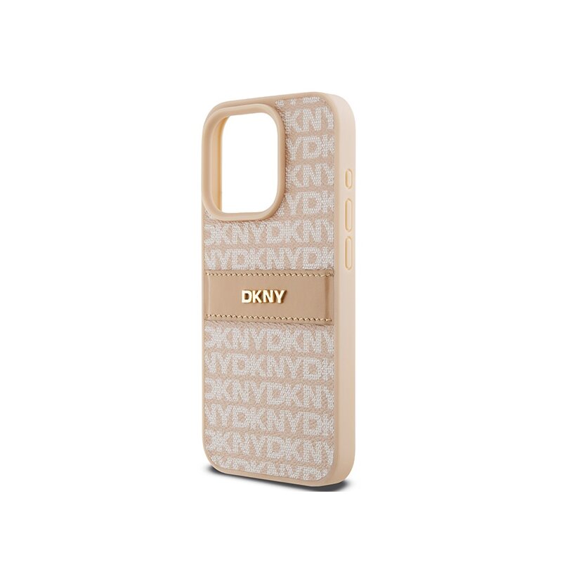 Husa piele iPhone 15 Pro DKNY Leather Mono Stripe & Metal Logo, roz, DKHCP15LPRTHSLP