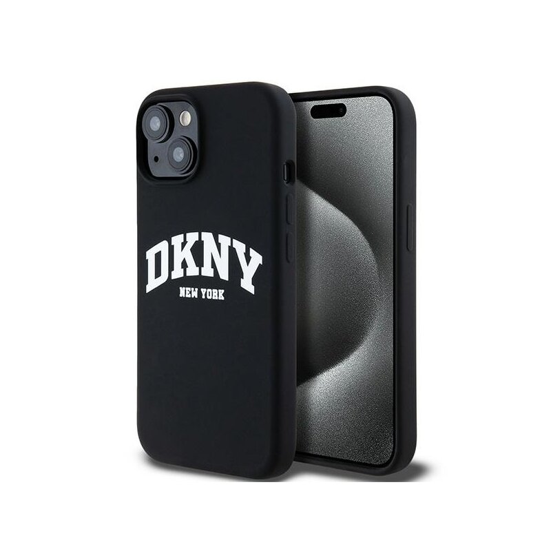 Husa iPhone 15 Plus DKNY Hardcase Liquid Silicone White Printed Logo MagSafe, negru, DKHMP15MSNYACH