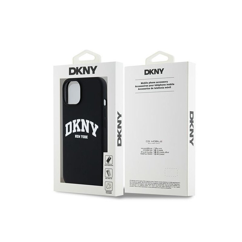 Husa iPhone 15 Plus DKNY Hardcase Liquid Silicone White Printed Logo MagSafe, negru, DKHMP15MSNYACH