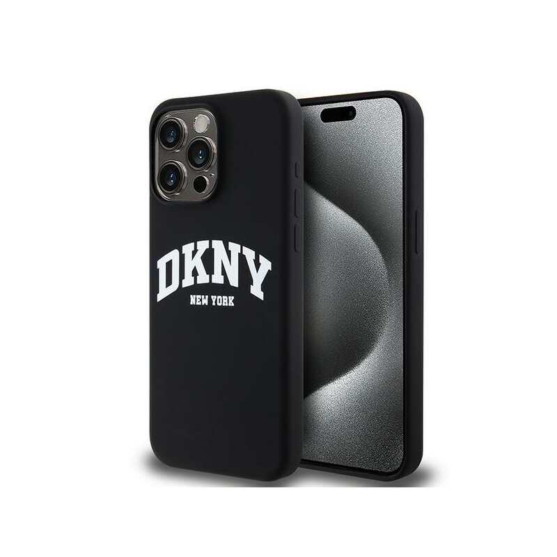 Husa iPhone 15 Pro Max DKNY Hardcase Liquid Silicone White Printed Logo MagSafe, negru, DKHMP15XSNYACH