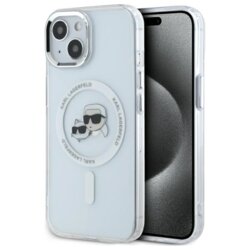 Husa iPhone 14 Karl Lagerfeld IML MagSafe, alb, Metal Karl&Choupette Head, KLHMP14SHLSKCH