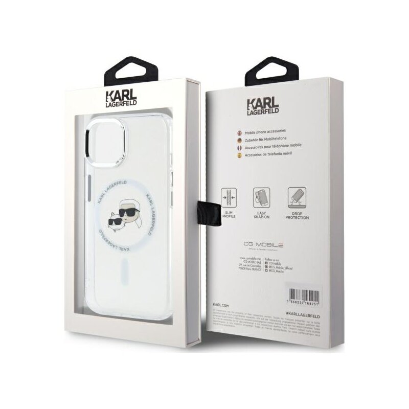 Husa iPhone 14 Karl Lagerfeld IML MagSafe, alb, Metal Karl&Choupette Head, KLHMP14SHLSKCH
