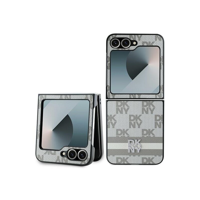 Husa piele Samsung Galaxy Z Flip6 DKNY Leather Chequered Pattern Printed Stripes, bej, DKHCZF6PCPTSSE