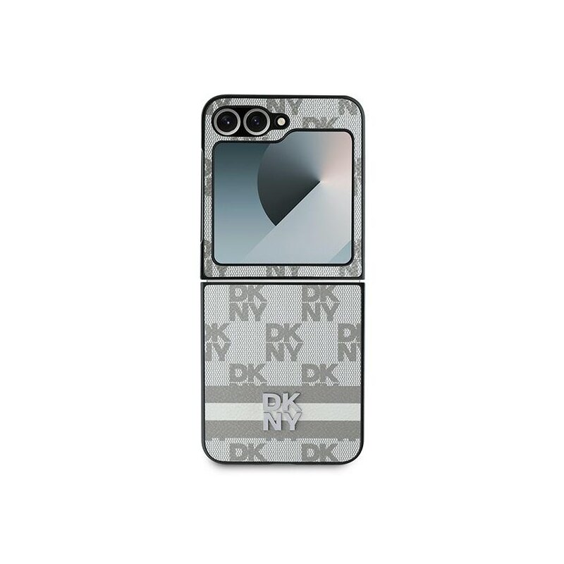 Husa piele Samsung Galaxy Z Flip6 DKNY Leather Chequered Pattern Printed Stripes, bej, DKHCZF6PCPTSSE