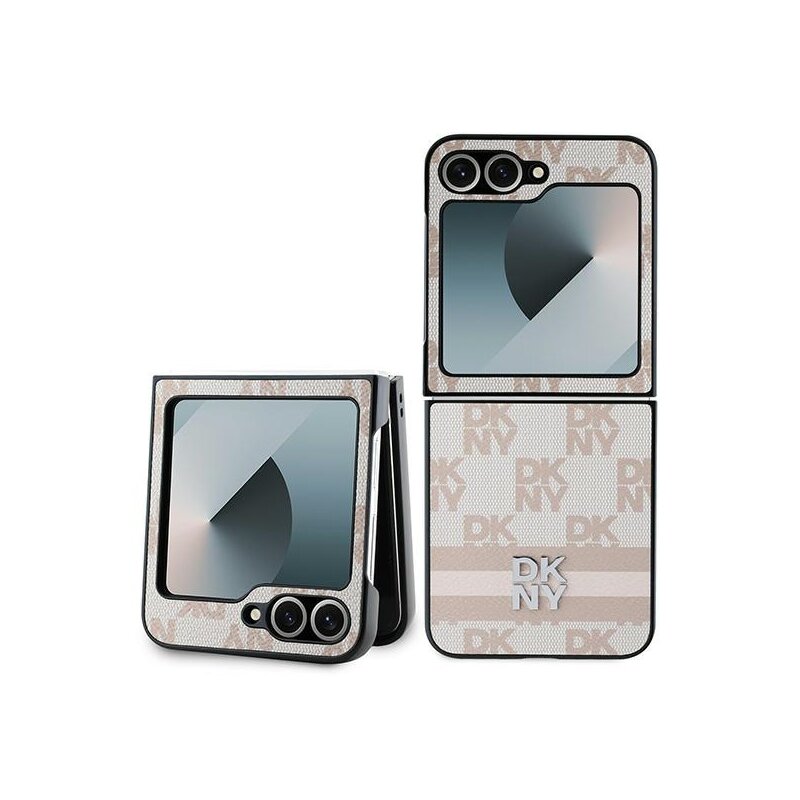 Husa piele Samsung Galaxy Z Flip6 DKNY Leather Chequered Pattern Printed Stripes, roz, DKHCZF6PCPTSSP