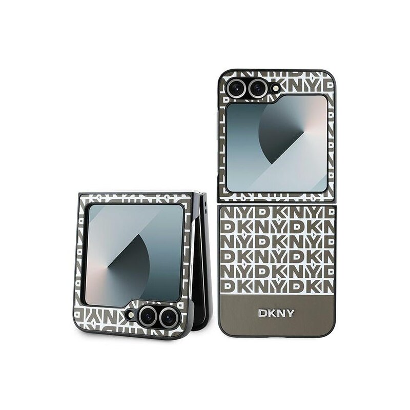 Husa piele Samsung Galaxy Z Flip6 DKNY Leather Repeat Pattern Bottom Stripe, maro, DKHCZF6PSOSPW