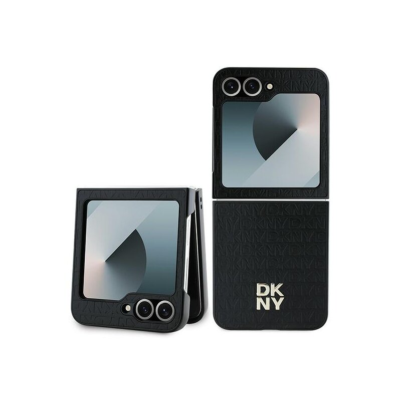 Husa piele Samsung Galaxy Z Flip6 DKNY Leather Repeat Pattern Stack Logo, negru, DKHCZF6PSHRPSK